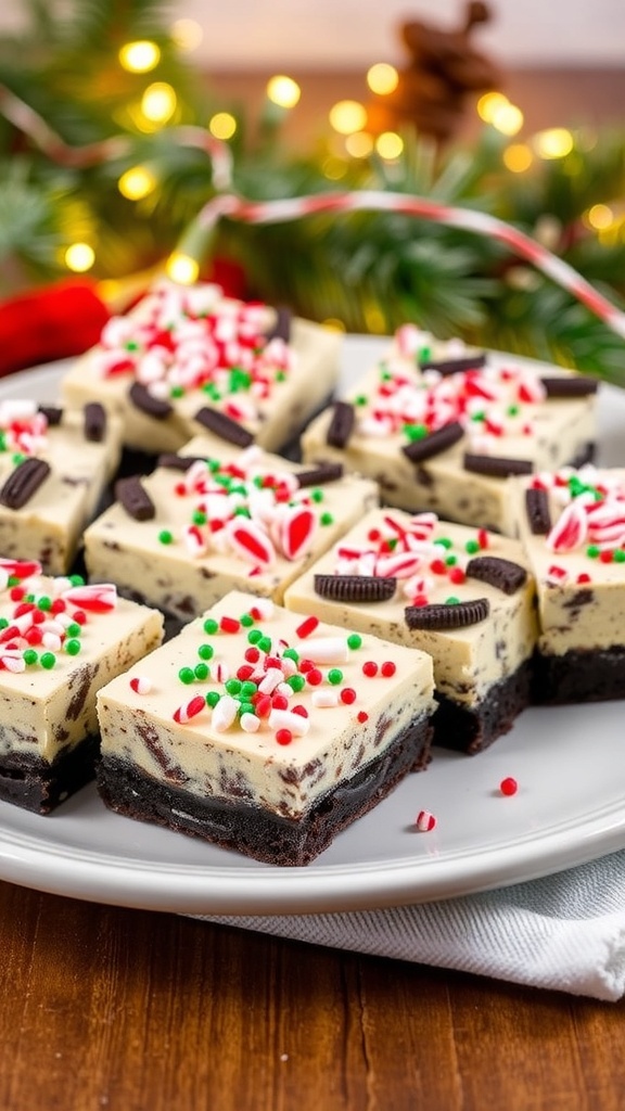 Christmas Oreo Cookie Bars Recipe A plate of Christmas Oreo cookie bars topped with candy canes and sprinkles, surrounded by holiday decorations.